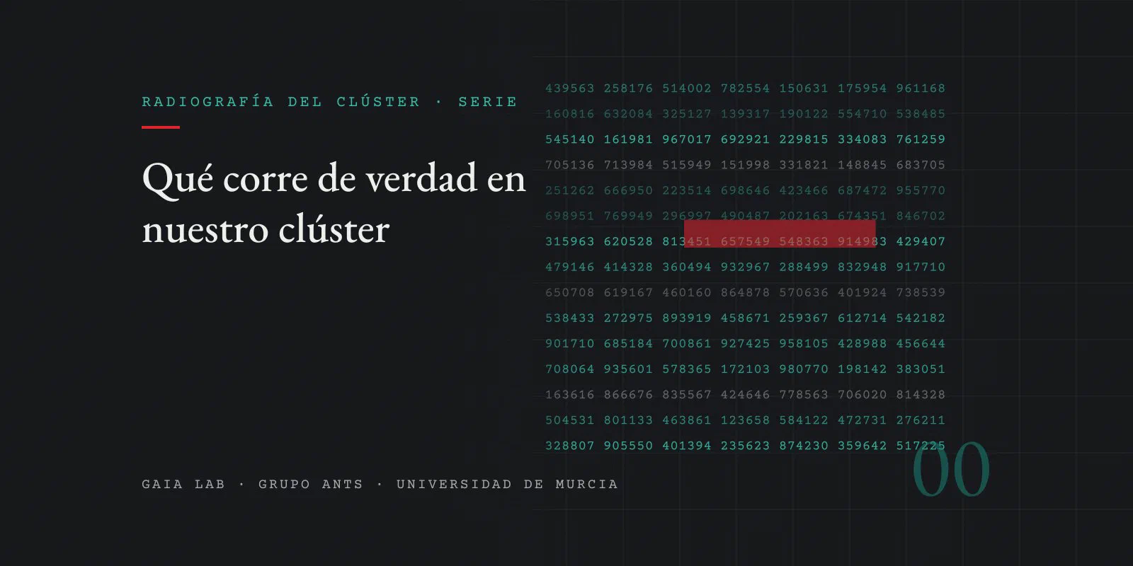Filas de identificadores de trabajo de seis cifras en tipografía monoespaciada, con una franja roja